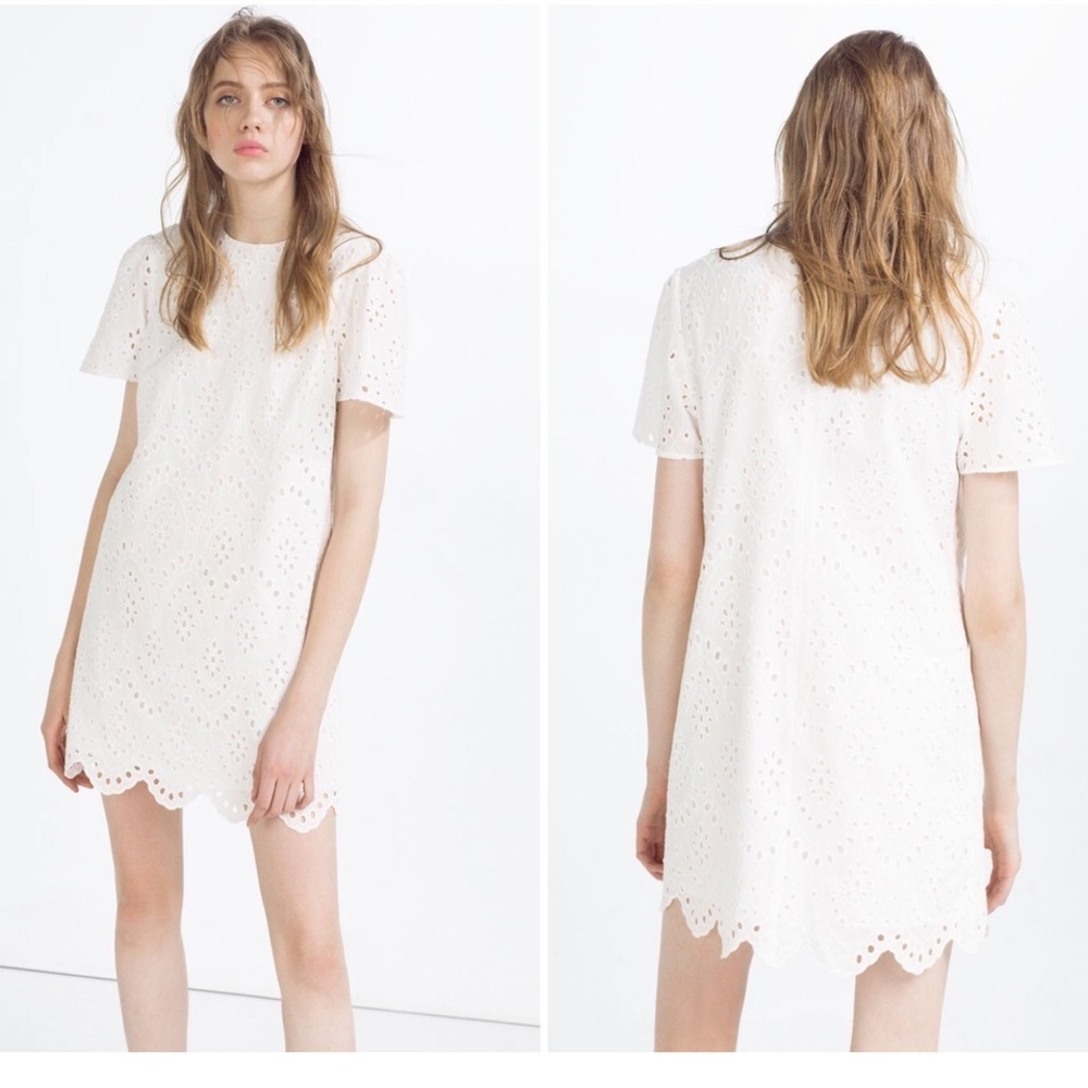 Zara white eyelet shift scalloped dress xsmall